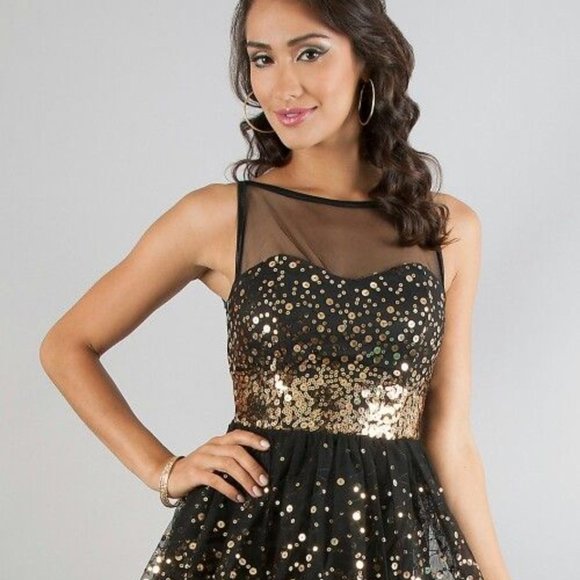 Crystal Doll Dresses & Skirts - Black tulle cocktail/prom dress with gold sequins